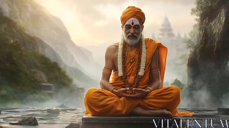 Meditating sage finds inner stillness in misty mountain valley
