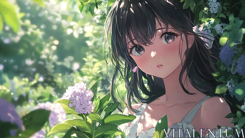 Softly lit anime girl amid lilac blossoms in summer garden.