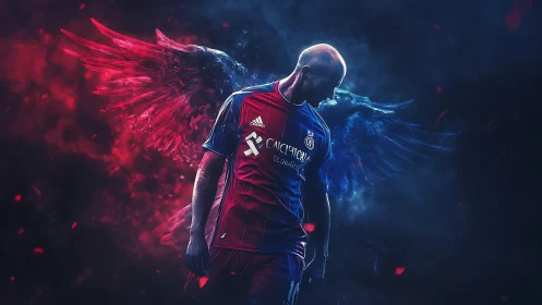 Digital painting of winged footballer in dual-color aura.