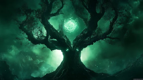 Eldritch tree under emerald vortex sky in dark landscape.