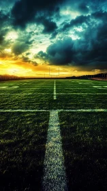 Sunlit football field under dramatic stormy sunset sky.