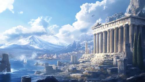 Sunlit classical temple above a serene coastal metropolis.