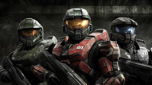 Armored trio ready for battle in a gritty sci fi corridor.