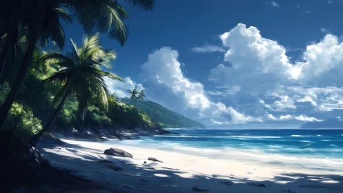 Tropical Coastline with Palm Trees and Cloud-Filled Sky.