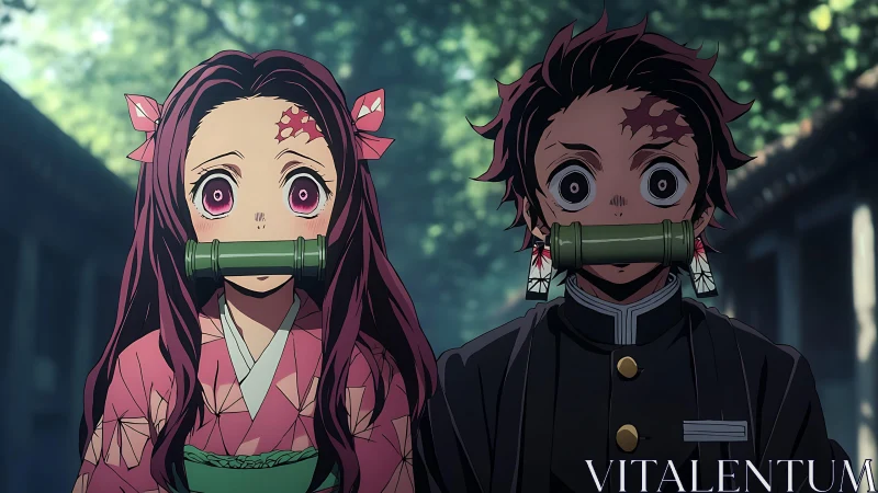 Two anime characters stand outdoors with bamboo gags