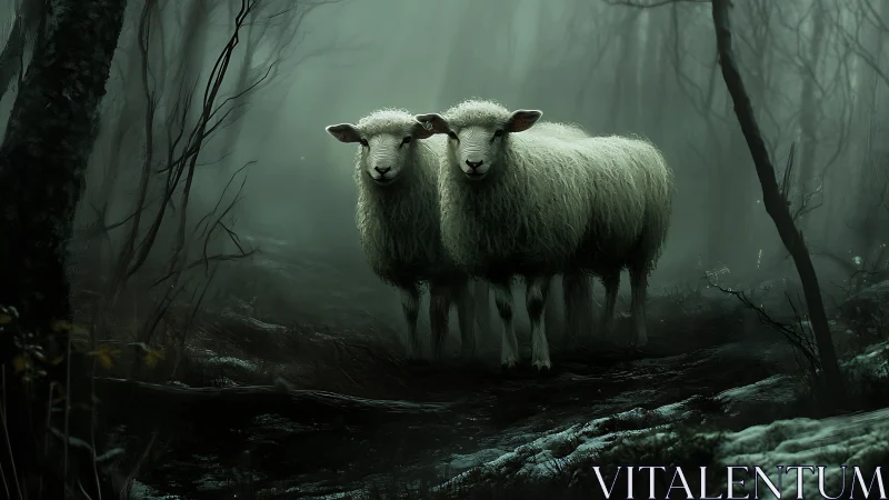 Two white sheep stand in dark foggy forest clearing.