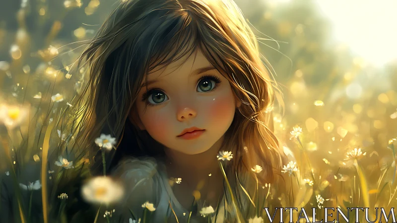 Child with large eyes in soft golden meadow light portrait.