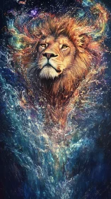 Stellar tide king: cosmic lion rising through nebula surf.