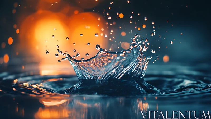 Explosive water splash against glowing bokeh lights backdrop.