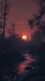 Blood-red moonrise over misty forest creek at dusk.