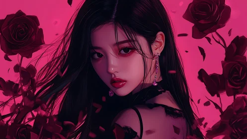 Digital portrait of woman with roses on vivid magenta ground.