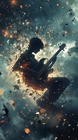 Silhouetted guitarist ignites cosmic burst of musical energy.