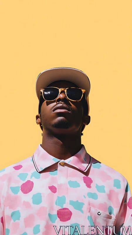 Man in patterned shirt and sunglasses against yellow wall.
