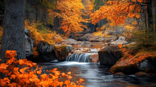 Autumn forest river with small cascade and orange foliage.