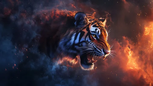 Fiery cosmic tiger roars through swirling embers and smoke.