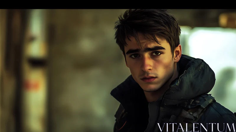 Brooding young survivor in muted urban cinematic lighting.