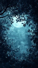 Moonlit forest canopy frames luminous midnight sky.