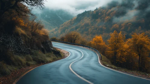 Curving mountain road glistens through misty autumn forest.