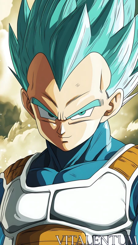 Blue-haired armored anime warrior in frontal portrait view.