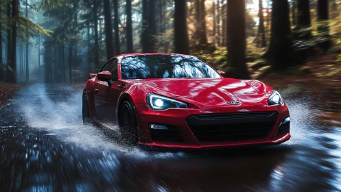 Red sports car slices through a misty forest road in rain