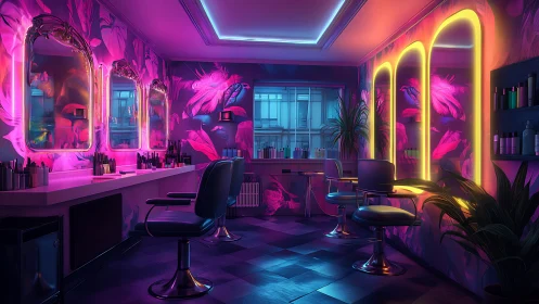 Neon feathers turn a quiet salon into chromatic nightlife