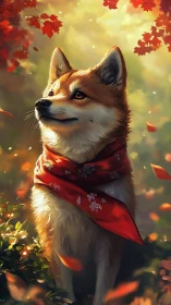 Foxlike autumn dog wrapped in a crimson story scarf.