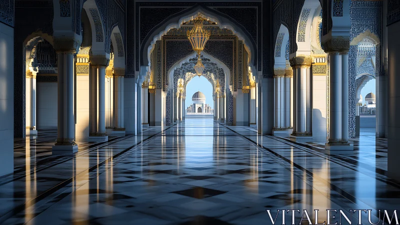 Sunlit marble mosque corridor shows ornate Islamic arches
