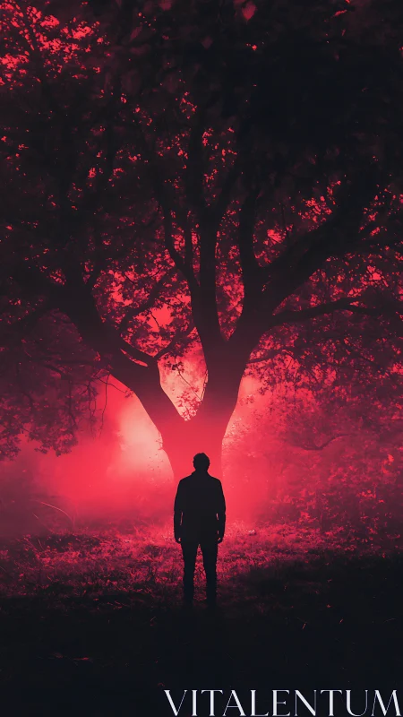 Silhouetted wanderer confronts a glowing red tree at night