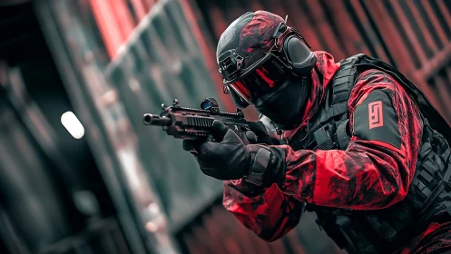 Tactical operator in red camouflage aiming carbine rifle.