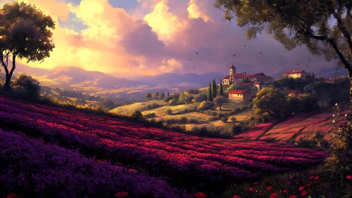 Sunlit hillside village overlooks vivid purple flower fields