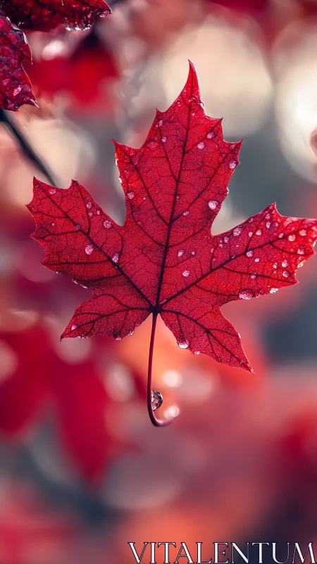 Crimson maple leaf glistens with raindrops in dreamy blur.