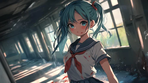 Injured schoolgirl stands in sunlit, abandoned classroom