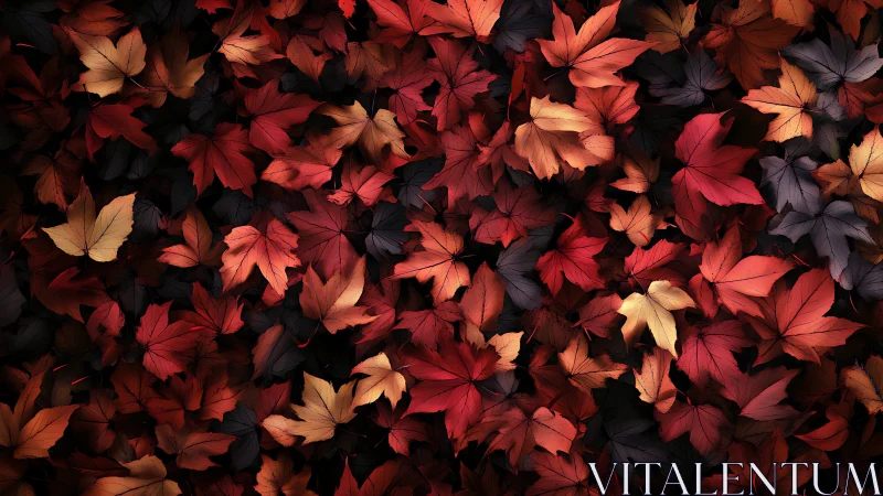 Autumn maple leaves form dense crimson gold tapestry