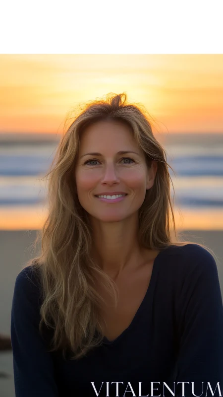 Sunlit beach portrait of smiling woman at golden hour.