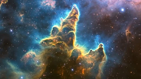 Ionized stellar nursery pillar with radiative shock front glow.