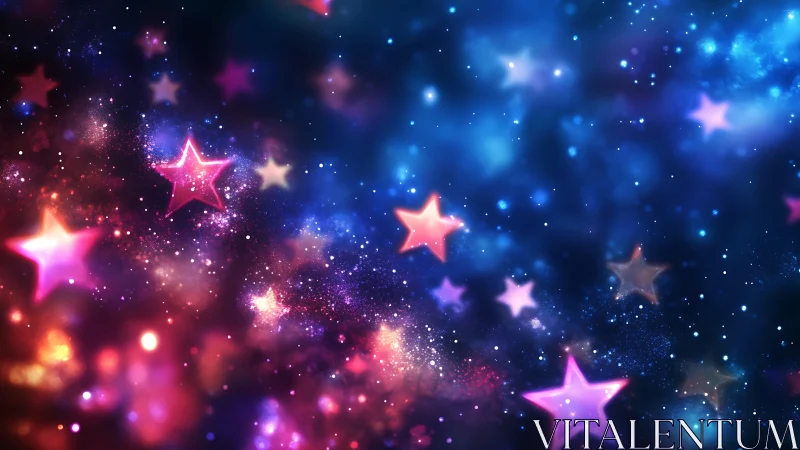 Colorful glowing stars drift through a dreamy cosmic sky.