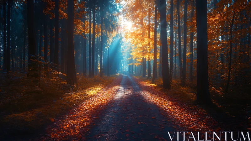 Deciduous Forest Path: Volumetric Light Through Autumn Canopy.
