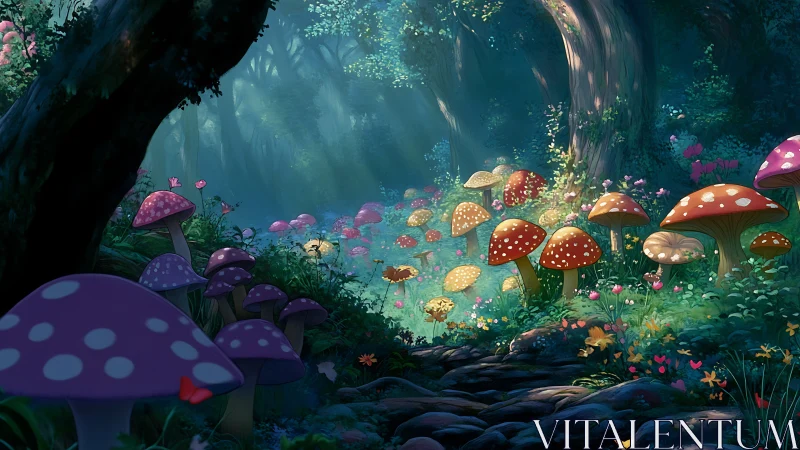 Enchanted forest clearing glows with colorful spotted mushrooms