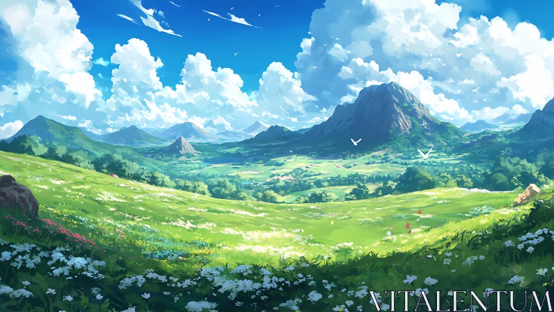 Sunlit valley meadow opens toward distant blue mountains