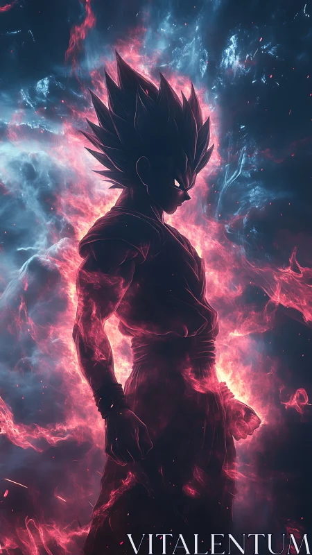 Cosmic warrior ignites in neon crimson storm of energy.
