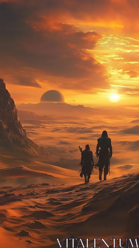 Desert wanderers under twin suns on alien horizon.