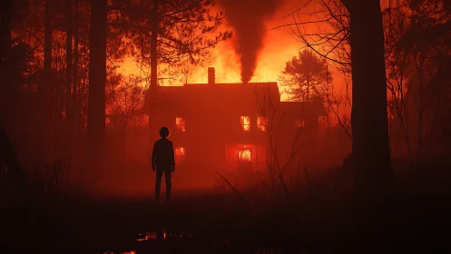 Burning House. Silhouetted figure confronts inferno.