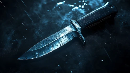 Moody blue-lit knife resting in rain-drenched darkness.