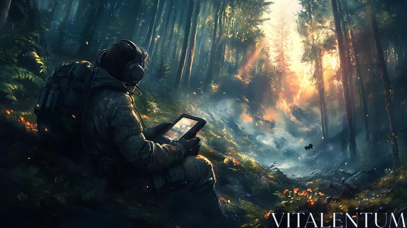 Soldier monitors digital tablet in sunlit forest clearing