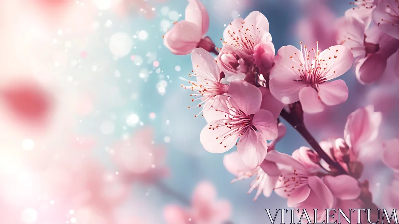 Pink Blossoms Blooming Against Soft Blue and White Bokeh Background