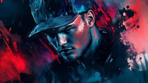 Neon-lit male portrait in cap with dynamic brush strokes.
