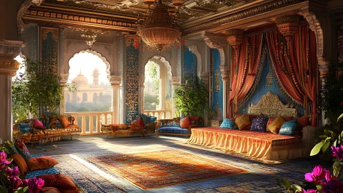 Sunlit Mughal palace lounge with ornate silk cushions