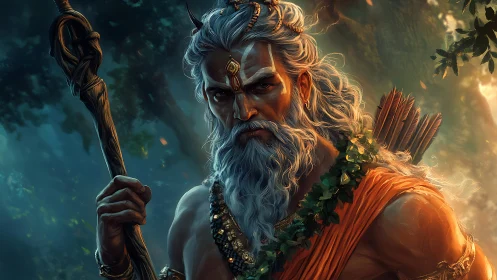 Forest warrior sage holds staff under burning dusk light.