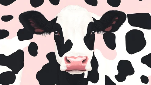 Gentle Holstein cow gazes forward in soft pink pattern