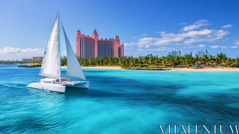 Catamaran sails in turquoise water near beachfront resort